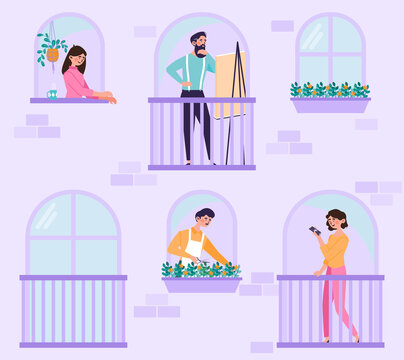 Concept of good neighborhood. Neighbors in open windows and balconies communicate and help each other. Kind male and female characters provide support and share tips. Cartoon flat vector illustration
