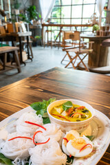Thai style food, green curry with chicken, delicious vegetable Asian dinner