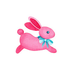 Pink watercolor Easter bunny with blue ribbon on white background isolated. Cute hand drawn element for your design.