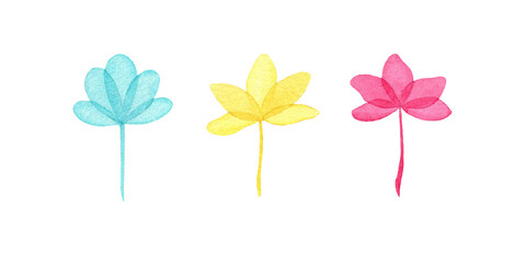 Three hand drawn flowers. Blue, yellow, pink colors. Nice delicate elements.