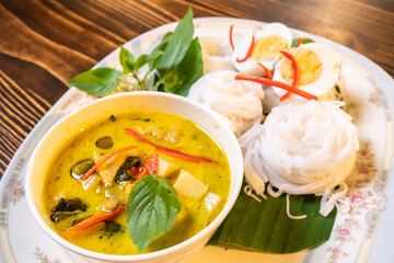 Thai style food, green curry with chicken, delicious vegetable Asian dinner