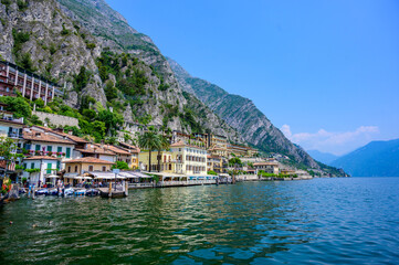 Fototapeta na wymiar Limone sul Garda - harbour village at Lake Garda with beautiful mountain scenery, Italy - travel destination