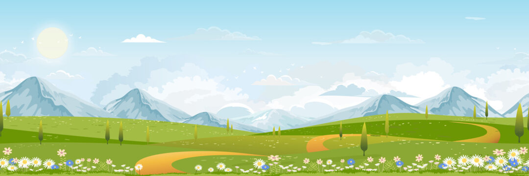Seamless pattern Spring green fields landscape with mountain, blue sky and clouds background,Endless rural nature in springtime with green grass land.Cartoon vector for Spring and Summertime banner