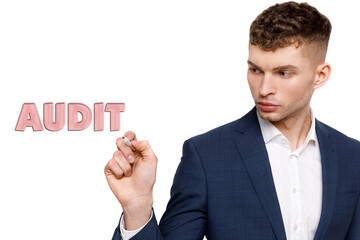 A businessman shows an inscription: AUDIT