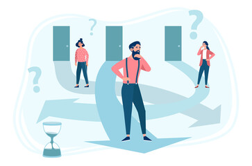 Finding life path concept. Men and women go inside themselves for psychotherapy and search for solutions. Characters make memories in time and enter different doors. Cartoon flat vector illustration