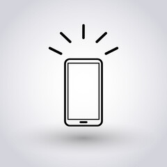 Mobile phone, cell contour icon on grey gradient background. Black vector icon of smartphone or tablet. Digital equipment on vector