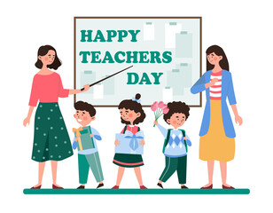 Happy Teacher Day concept. Small children students give gifts to their teacher. Greeting card for people who give knowledge. Beautiful woman with pointer. Cartoon colorful flat vector illustration