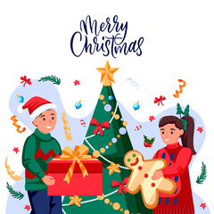 Boy with gift and girl with ginger bread in holiday costumes near Christmas tree. Happy kids vector cartoon illustration