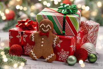 Fototapeta na wymiar Beautiful gingerbread man gift box greeting card. Christmas sale.