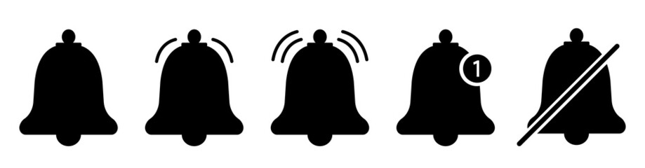 Notification bell icon collection.Alarm clock and smartphone application alert. Social media element.Notification bell black icon on white background.Vector illustration