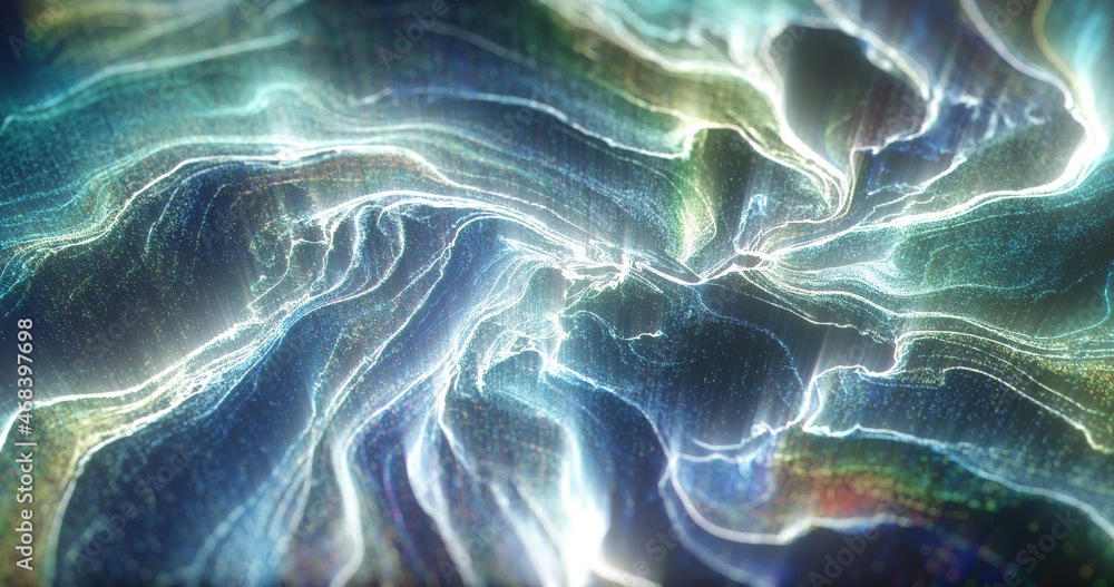 Poster lines of particle flow with energy glowing upward. abstract effect, future technology. digital neura