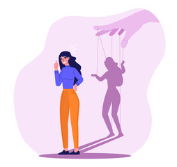 Concept of influence or manipulation. Big hand controls emotions and psychological state of woman. Puppet obeys opinion of others. Character overcomes addiction. Cartoon flat vector illustration