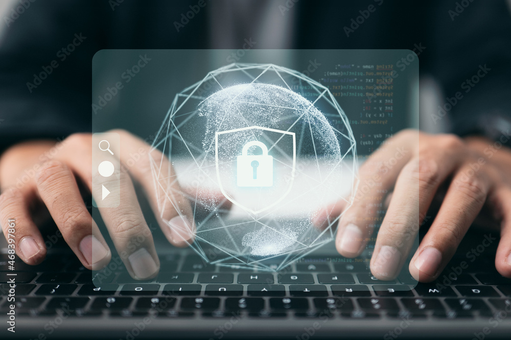 Poster Technology concept of cyber security, internet, and networking, with a businessman working on a laptop and a padlock icon on the screen of a digital display.