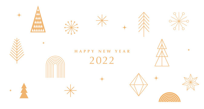 Simple Christmas background, elegant geometric minimalist style. Happy new year banner. Snowflakes, decorations and Xmas trees elements. Retro clean concept design