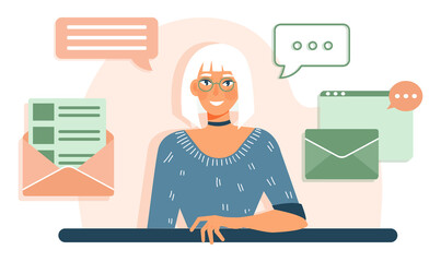 Email search, open new mail envelope. Cute cartoon woman checks email, opened envelope, and celebrating. Thin outline vector illustration on white background. Cartoon flat vector illustration