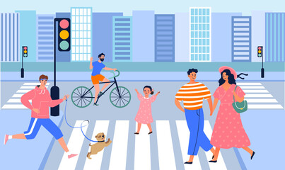 People crossing road. Street with busy traffic, pedestrian crossing. Characters goes about its business, society. Zebra, urban, city. Green traffic light signal. Cartoon flat vector illustration