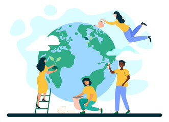 Saving planet concept. Young men and women take care of environment, water plants, plant flowers and clean up garbage. Ecology awareness and sustainability. Cartoon modern flat vector illustration