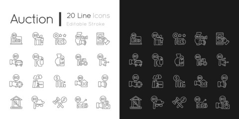 Auction linear icons set for dark and light mode. Competitive bargaining. Bidding for item. Public sales. Customizable thin line symbols. Isolated vector outline illustrations. Editable stroke
