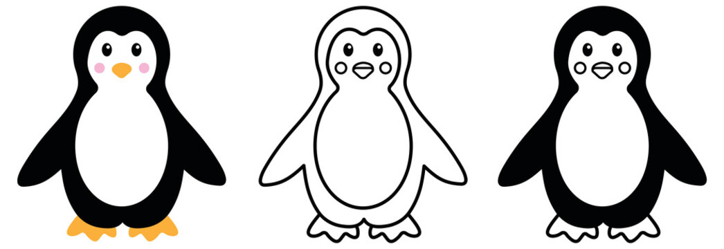 Cute Baby Penguin Clipart Set - Outline and Color