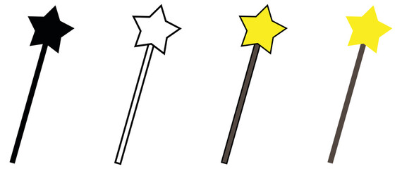 Magic Fairy Wand with Star Topper Clipart Set - Outline, Silhouette and Color