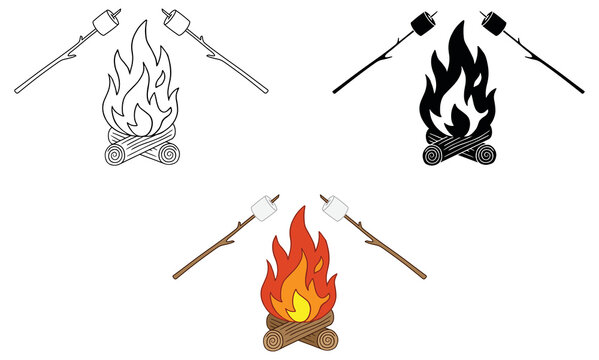 Roasting Marshmallows Over a Camp Fire Clipart Set - Outline, Silhouette and Color