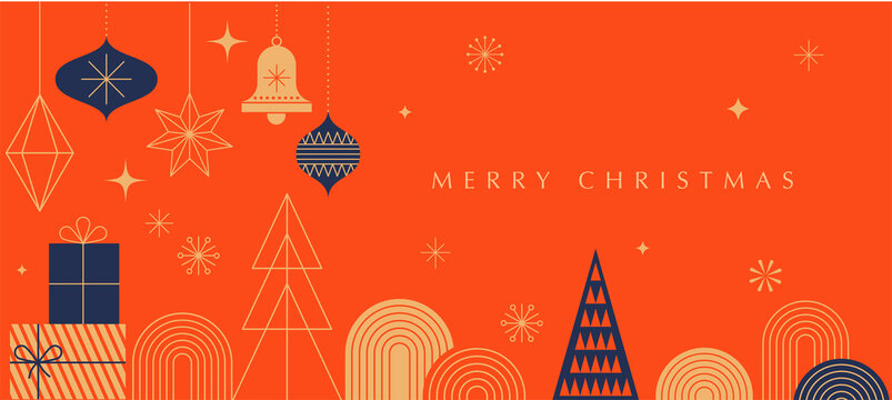 Simple Christmas background, elegant geometric minimalist style. Happy new year banner. Snowflakes, decorations and Xmas trees elements. Retro clean concept design