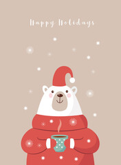 Christmas card. Cute white bear with cup of hot tea