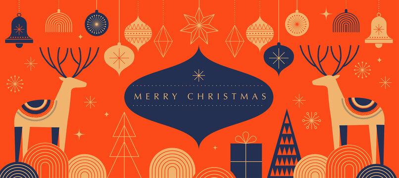 Simple Christmas background, elegant geometric minimalist style. Happy new year banner. Snowflakes, decorations and Xmas trees elements. Retro clean concept design