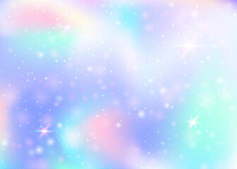Naklejka na ściany i meble Unicorn background with rainbow mesh. Colorful universe banner in princess colors. Fantasy gradient backdrop with hologram. Holographic unicorn background with magic sparkles, stars and blurs.