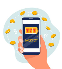 Flat design of slot machine with lucky sevens jackpot. Hand holds smartphone with jackpot. Gold coins and money symbols. Vector illustration.
