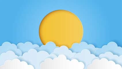 Paper cut style of sun with cloud on blue sky. Summer day concept.  Vector illustration