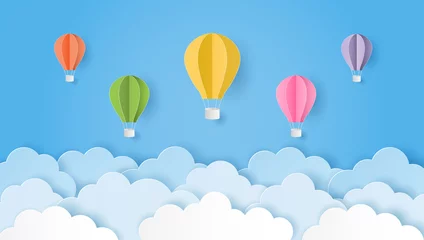 Cercles muraux Montgolfière Paper art style of colorful hot air balloons and cloud on blue sky. Vector illustration