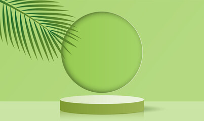 Paper cut style of minimal green color cylinder podium for products display presentation. Vector illustration
