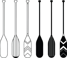 Patterned Canoe Paddle Clipart Set - Outline and Silhouette