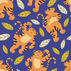 Cute tiger among tropical leaves seamless pattern in vector. Orange wildcat striped on a blue background. Colorful children illustration with cartoon animals. Design for postcard, banner, web, print.