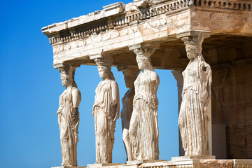 View on ancient temple Erechteion in Acropolis close up, Athens, Greece