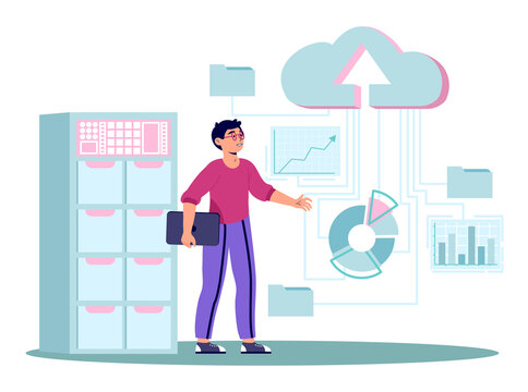 Working with big data concept. Young Man uploads information to cloud storage and database. Male character with laptop analyzes statistics and report. Cartoon modern flat vector illustration