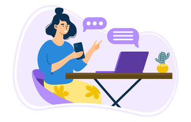 Young woman with smartphone concept. Female character sitting at desk and surfing social media. Young girl chatting with friends or colleagues. Freelancer or manager. Cartoon flat vector illustration