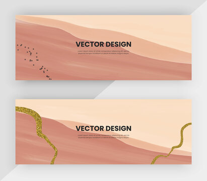 Boho Hand Drawing Horizontal Web Banners With Gold Glitter Texture.
