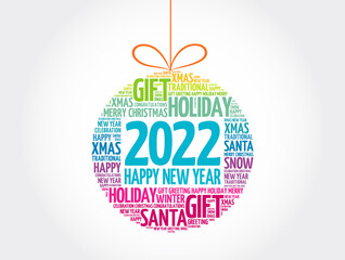Fototapeta na wymiar Happy New Year 2022, Christmas ball word cloud, holidays lettering collage