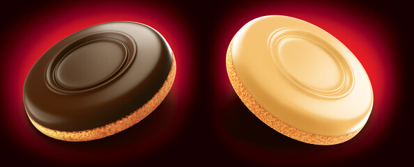 biscuit dough with marmalade over cake and chocolate coated. 3d illustration. Isolated on background