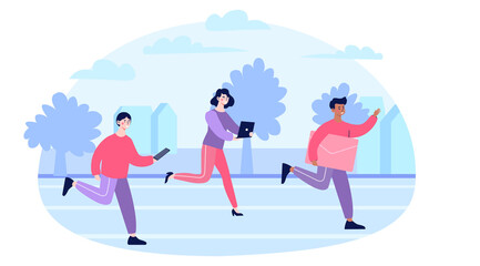 Competition between man and woman concept. Group of people running down city street. Characters with envelope, laptop and smartphone participate in marathon. Cartoon flat vector illustration