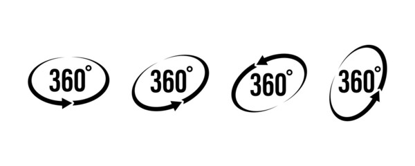 360 Degrees View . Set of circel arrow. Vector icon . Round signs with arrows rotation to 360 degrees.