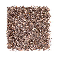 Chia seeds isolated on white background. Healthy superfood. Closeup macro of small organic chia seeds. Top view.