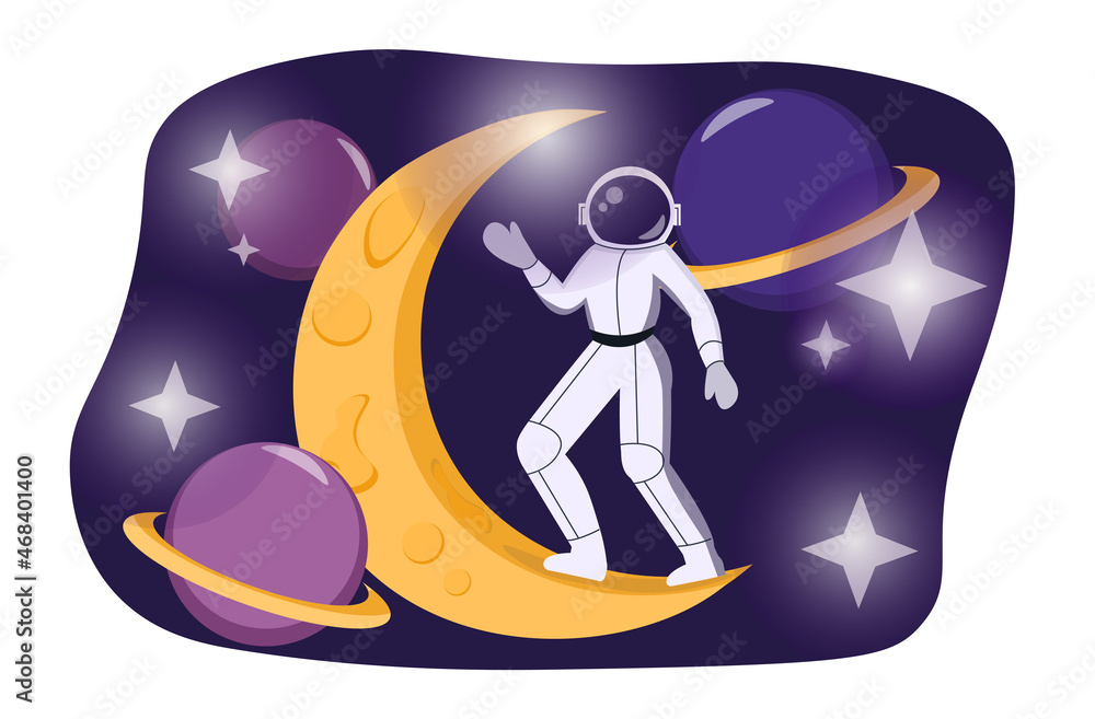 Poster astronaut with moon concept. character in spacesuit explores outer space. universe with planets, sta