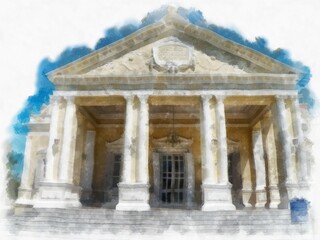 Fototapeta na wymiar ancient building european architecture watercolor style illustration impressionist painting.
