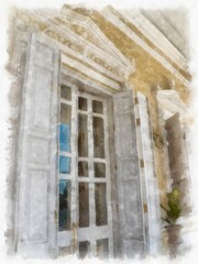 Fototapeta na wymiar ancient building european architecture watercolor style illustration impressionist painting.