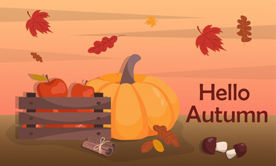Autumn colorful banner. Bright background with pumpkins, mushrooms, basket of apples and inscription. Gradient template for covers and social networks. Rich harvest. Cartoon flat vector illustration