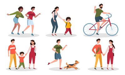 Set of People walk. Characters walking with dog, couple, family or child. Men and women spend time together. Person rides bicycle. Cartoon flat vector collection isolated on white background