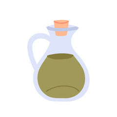 Olive oil in a glass jug. Bottle with fresh extra virgin oil isolated on white background. Flat cartoon illustration